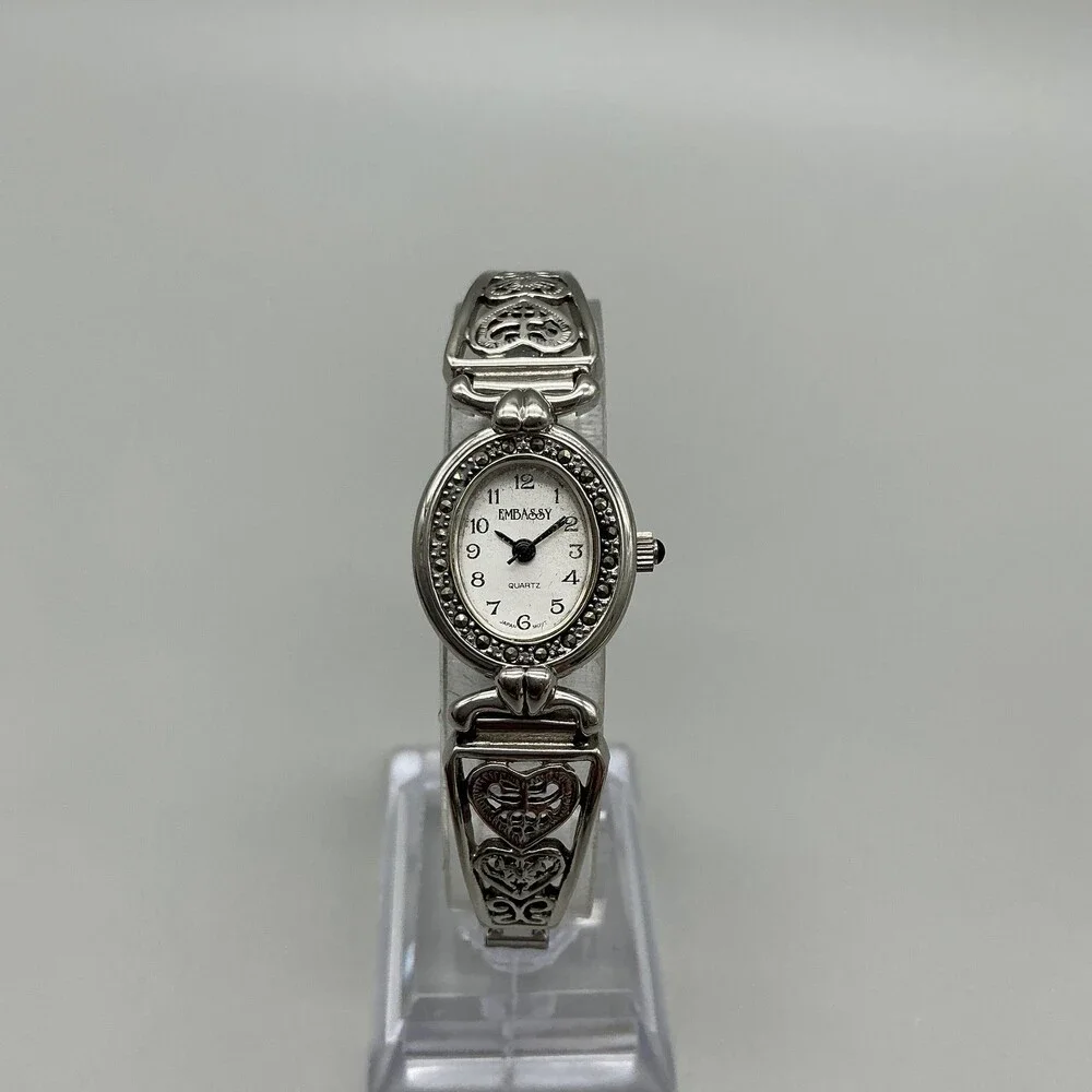 Embassy Womens Watch 19mm White Dial Silver Tone Heart Bracelet New Battery